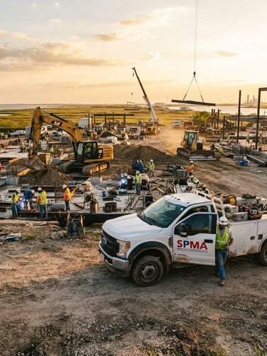 Wide panoramic of an active commercial construction site along the Texas Gulf Coast at golden hour, a white utility truck with SPMA branding parked prominently to the right, heavy machinery in the background, high contrast, bright Texas daylight.