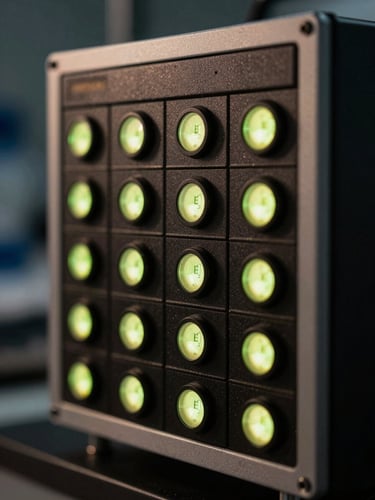 Portrait-oriented close-up of industrial grid hardware in a research lab, glowing chartreuse indicators, high-contrast low-key lighting with deep shadows.