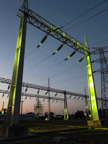 Wide environmental shot of modern electrical grid infrastructure at dusk, sharp chartreuse neon light reflecting off steel structures, dramatic high-contrast shadows.