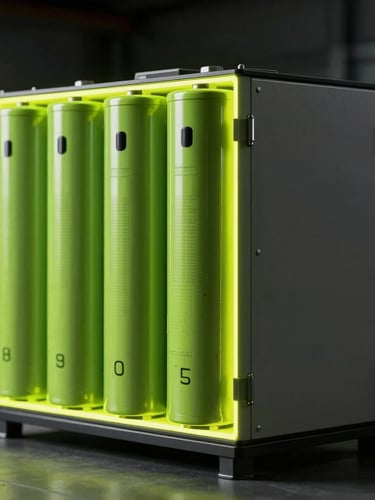 Dramatic portrait-oriented shot of a modern clean-tech battery storage unit, sharp neon chartreuse edge-lighting, high-contrast dark environment.
