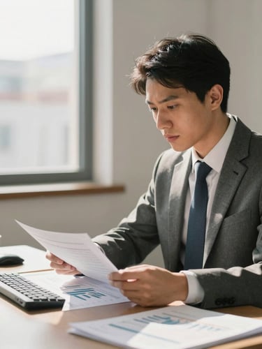 Medium-close shot of a professional accountant in a bright Quito office analyzing financial reports with warm daylight streaming through the window, clean composition