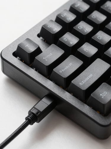 Top-down macro shot of a sleek matte black mechanical keyboard, brushed aluminum chassis, braided cable, soft side-lit studio lighting, deep shadows.