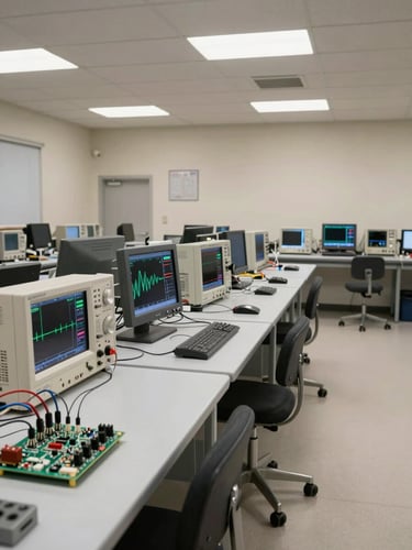 Wide shot of an electronics test bench from the left side, oscilloscopes and spectrum analyzers active with waveforms on screens, a circuit board under probe tips in the foreground, clinical overhead lab lighting, neutral and even, generous negative space to the right
