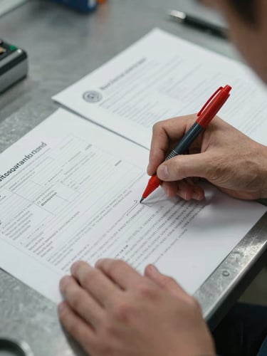 Close-up overhead shot of a technical engineer's hands reviewing printed certification standards and schematics on a steel workbench, a red-ink pen marking a specific clause, clinical daylight from above, neutral tones, no faces visible