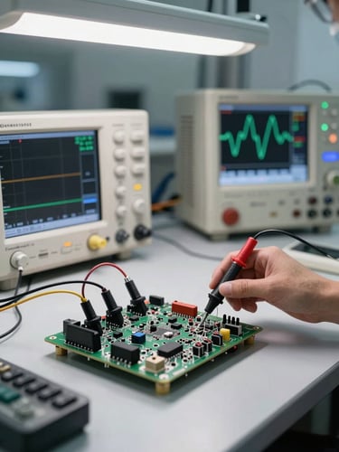 Close-up wide shot of a professional electronics test bench in operation — oscilloscope probes connected to a circuit board under clinical overhead lab lighting, measurement cables organized across the bench surface, technical equipment displays showing waveforms in the background, neutral even daylight, no people visible
