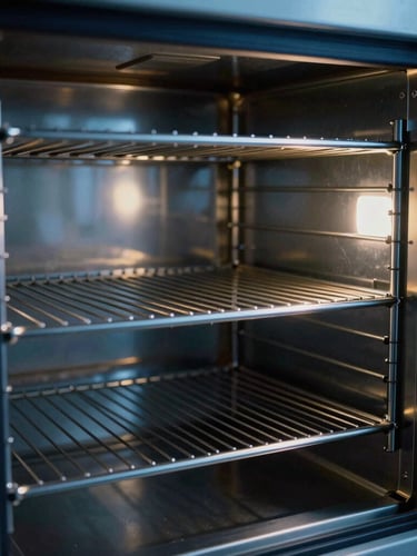 Close-up of a high-tech laboratory oven interior with clean metallic racks, dramatic blue lighting with soft yellow highlights, sharp technical focus, 35mm