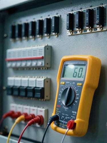 High-contrast close-up of a professional multimeter testing a complex electrical control panel inside a clean laboratory, safety yellow details, sharp focus, 35mm
