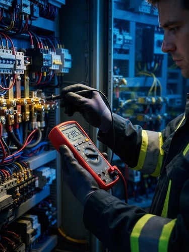 Close-up of a technician in high-visibility gear measuring voltage with a digital multimeter on an industrial electrical panel, dramatic blue and yellow lighting, sharp focus, 35mm