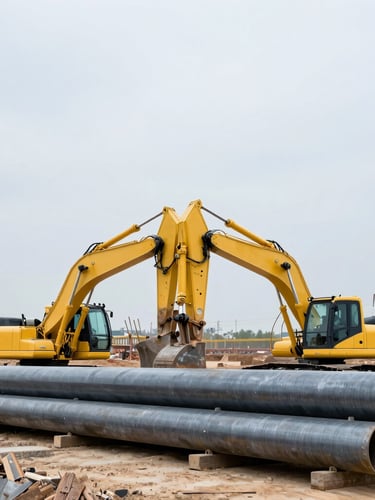 Wide environmental shot of heavy industrial construction site, yellow excavators and steel pipeline sections under a crisp overcast sky, cool steel tones, sharp detail.