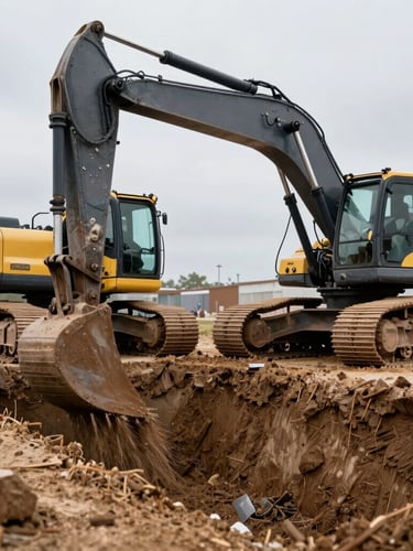 Close-up of a heavy excavator digging a precise trench for pipelines, high-visibility safety gear visible, overcast daylight, sharp focus.