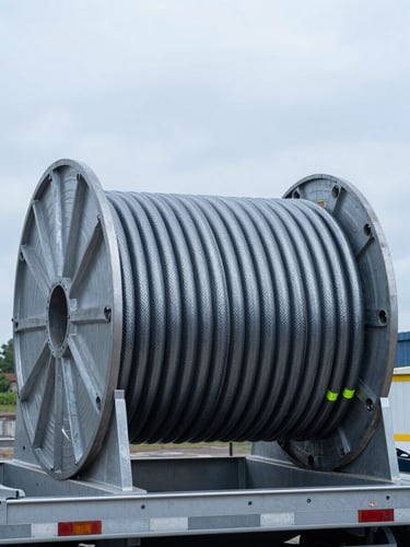Heavy industrial coiled line pipe spool on a transport trailer, crisp overcast daylight, cool steel blue tones, detailed metallic texture.