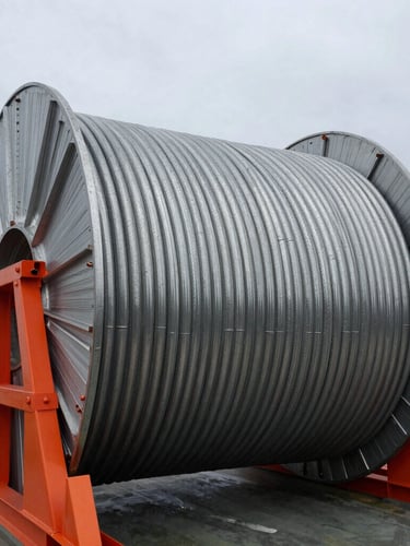 Wide-angle industrial shot of a massive steel coiled line pipe spool on a transport vessel, overcast daylight, safety-orange structural frames, high-contrast steel textures.