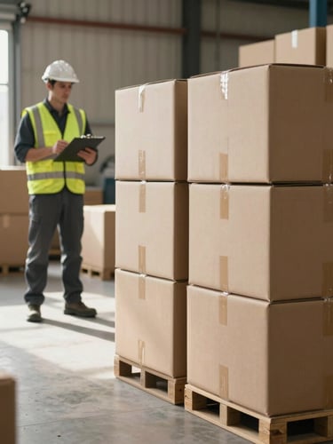 A bright, naturally lit warehouse floor with cardboard boxes stacked neatly, a worker in a high-visibility vest reviewing a clipboard in the background.
