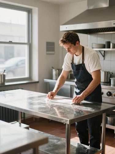Bright daylight environmental shot of a local bakery kitchen, a founder organizing clean steel prep tables, natural light streaming through a side window.