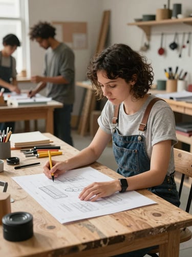 Bright natural daylight illuminating a bustling local craft workshop, a diverse female founder reviewing plans on a wooden worktable, medium environmental shot showing tools and materials in the background.