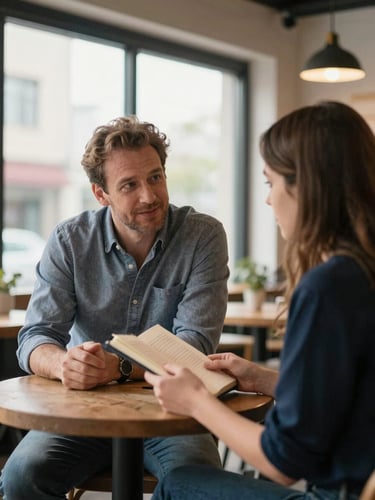 Two people in a relaxed coffee shop conversation, mentor leaning forward across a small table, mentee holding a notebook open, natural window light, medium shot, overhead ambient cafe lighting, candid and unposed