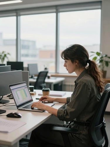 Wide shot of a female financial analyst seated at a desk in an open-plan office, laptop open to a spreadsheet, coffee cup beside her, natural daylight from large windows behind her, mid-distance framing showing her full workspace context, candid working posture, no direct camera eye contact