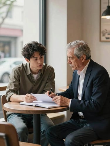 Medium shot of two people seated across a small coffee shop table, one younger and one older professional, both looking down at an open notebook, natural daylight from a large window to the left, relaxed casual conversation framing, no eye contact with camera
