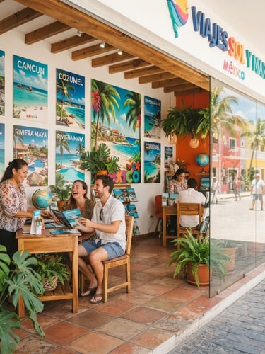 Bright high-key photography of a modern travel agency storefront in Mexico, sunny daylight, warm inviting interior with tropical travel posters, friendly atmosphere, wide-angle 35mm