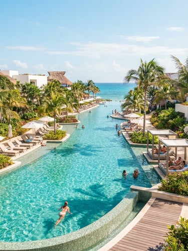 Bright high-key travel photography, a sunny luxury resort pool in Cancun with turquoise water, palm trees, warm daylight, 35mm