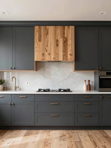 Straight-on architectural elevation of a finished high-end kitchen with dark charcoal cabinets, warm oak accents, natural window light, sharp focus.
