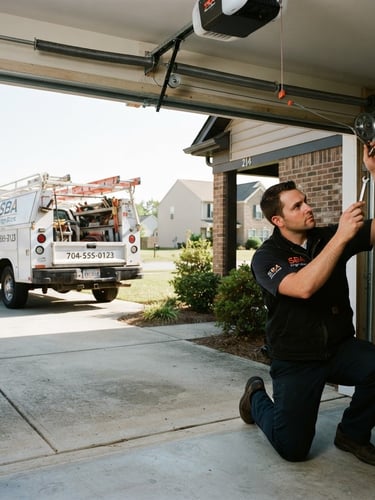 Heavy-duty service truck with SBA Garage Doors branding parked in a Troutman residential driveway, technician in work uniform actively inspecting a garage door mechanism, bright natural daylight, crisp utility photography, 35mm.