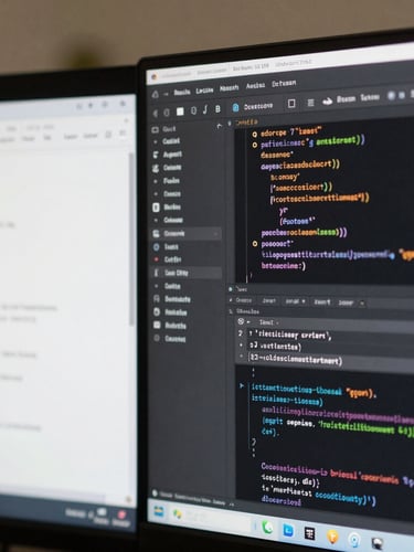 Close-up macro shot of a clean code editor window next to a subtle analytics dashboard, soft natural light, architectural crop.