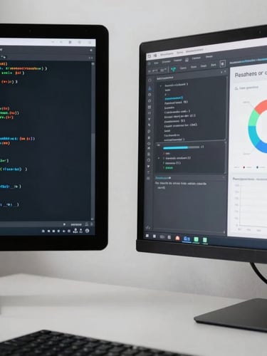Architectural macro crop of a clean, modern workspace with soft natural daylight, showing a code editor on a high-resolution screen next to a subtle analytics dashboard, minimal low-contrast composition.