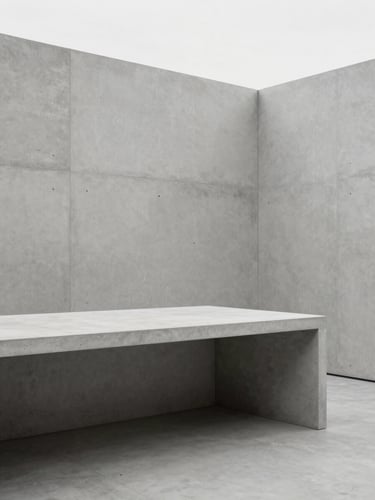 Architectural crop of a modern minimalist concrete workspace, soft diffused overcast daylight, clean lines, no shadows.