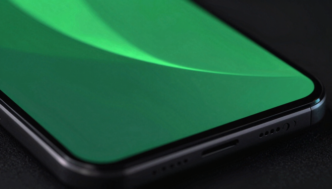 Macro close-up of a high-refresh-rate Android screen showing vibrant cyber-green UI motion curves, dark-mode studio lighting, neon edge-glow