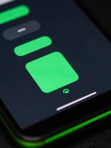 Extreme macro close-up of a high-refresh-rate Android screen displaying fluid cyber-green UI vector animations, dark-mode tech photography, moody studio lighting with sharp neon edge-glows, 35mm lens