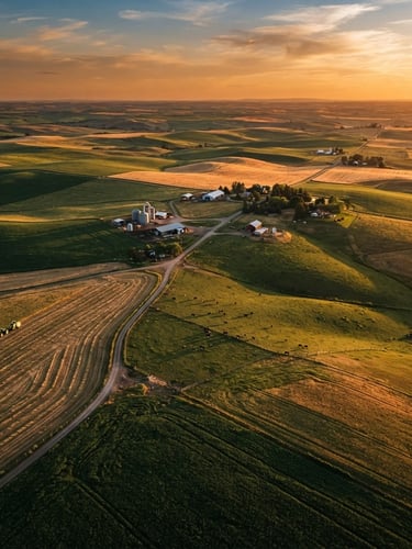 Wide aerial view of vast, productive agricultural land at golden hour, low sun casting long shadows, showing rows of crops or grazing cattle, with a clear horizon line. Image is high-contrast and rich in deep tones.