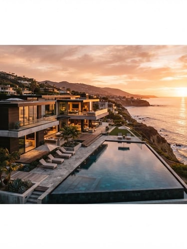 Exterior de uma mansão de luxo moderna com piscina infinita e vista panorâmica ao pôr do sol, linhas arquitetônicas limpas, iluminação dourada.
