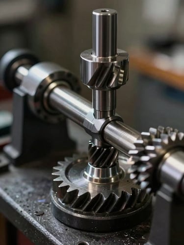 Close-up of a precision micrometer measuring a steel gear tooth, dark industrial workshop setting, sharp focus on metallic contact.
