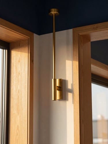 Close-up of premium brass fixtures and polished oak finishes inside a modern office space, warm natural golden-hour lighting, architectural detail.