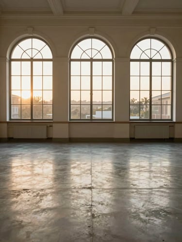 Symmetrical architectural photography of a bright, empty event space with polished concrete floors and large arched windows letting in soft golden-hour light