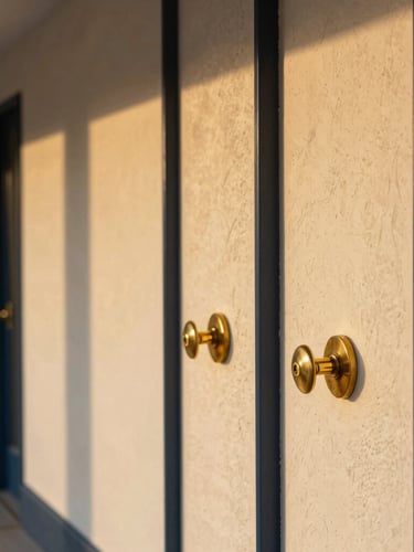 Close-up architectural detail of premium brass fixtures and textured plaster walls in a sunlit corridor, warm golden hour light.