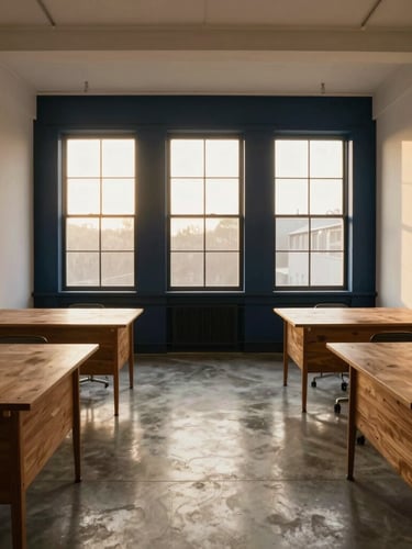 Symmetrical straight-on architectural shot of an empty modern creative studio with polished concrete floors, oak desks, and warm golden-hour window light, 35mm lens.