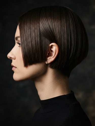 Sharp editorial profile portrait of a woman with a geometric architectural bob haircut, high-contrast side lighting, deep charcoal background, macro depth of field showing hair texture