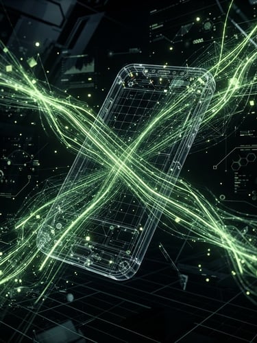Sleek dark-mode 3D render of glowing cyber-lime data streams intersecting with a mobile device wireframe, high-contrast technical UI, octane render
