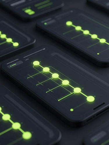 high-fidelity mobile UI wireframe displaying complex predictive dashboards, glowing cyber-lime nodes, dark studio lighting