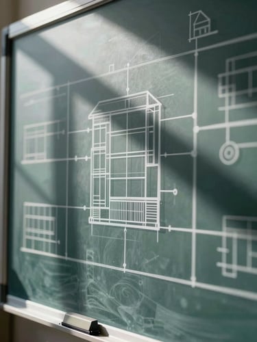 Macro shot of a glass whiteboard with complex architectural software diagrams drawn in white ink, sharp geometric shadows, cold daylight