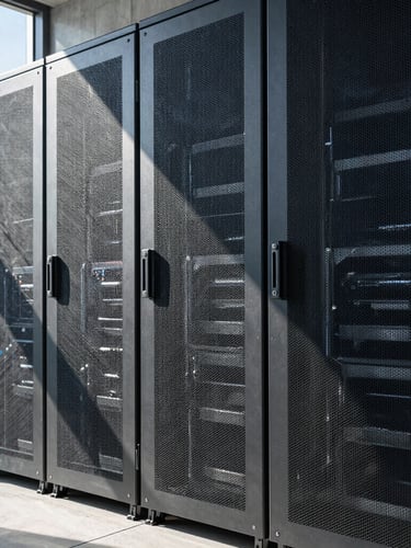 Cold architectural view of a concrete and glass server room facade, sharp geometric shadows, clean daylight.