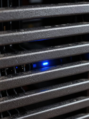 Vue macro d'un serveur lame haut de gamme, lignes de métal brossé épurées, indicateurs LED bleu cobalt discrets, éclairage froid et géométrique.