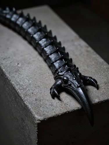Extreme close-up of a dark matte black articulated dragon spine on a concrete pedestal, moody chiaroscuro lighting, deep shadows, 35mm