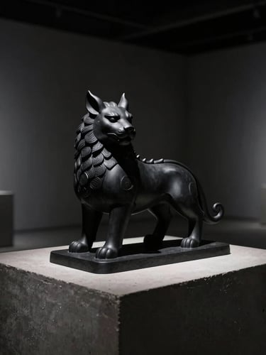A single matte black mythical beast sculpture resting on a minimalist concrete pedestal in an ultra-modern architectural gallery, deep shadows, moody single directional key light