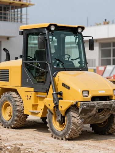 Sharp commercial photography of a yellow soil compactor machine standing upright on clean compacted soil at a modern construction site, bright daylight, high contrast, 35mm lens