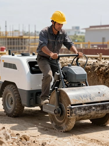 Medium shot of a construction worker wearing a yellow safety helmet operating a soil compactor machine in a clean, structured foundation trench, bright daylight, professional lighting