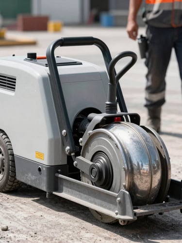Close-up shot of a heavy-duty floor cutter on an active urban paving job site, clean machine, professional operator wearing proper safety boots and helmet visible in background, bright daylight, high contrast.