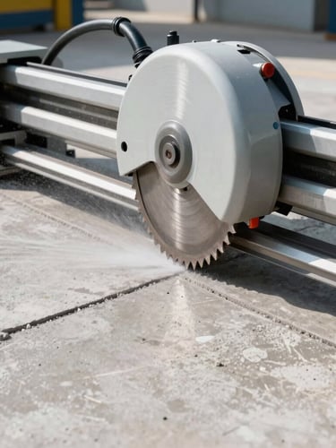 Sharp commercial photography, bright daylight, high-contrast industrial setting, clean floor cutter machine with a prominent diamond blade cutting a straight line in clean concrete, water cooling spray visible, realistic, 35mm lens, depth of field.